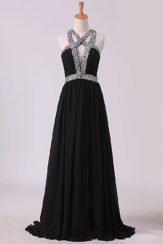2024 Black Prom Dresses A Line Chiffon With Beads And Slit Cross PAX85XMY