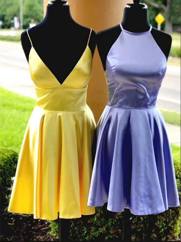Simple Satin Short Yellow/Purple Prom Dresses, Short Yellow/Purple Short Evening Homecoming Dresses Simple Satin Short Yellow/Purple Prom Dresses, Short Yellow/Purple Short Evening Homecoming Dresses