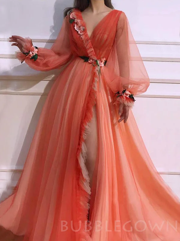 A-line V-neck Long Sleeves High Split Long Evening Prom Dresses, Cheap Custom Prom Dress, MR7665 A-line V-neck Long Sleeves High Split Long Evening Prom Dresses, Cheap Custom Prom Dress, MR7665