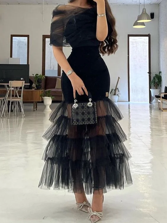 Slash Neck Half Sleeve Tulle Off Shoulder High Waist Bodycon Long Mermaid Prom Dress Y4633 Slash Neck Half Sleeve Tulle Off Shoulder High Waist Bodycon Long Mermaid Prom Dress Y4633