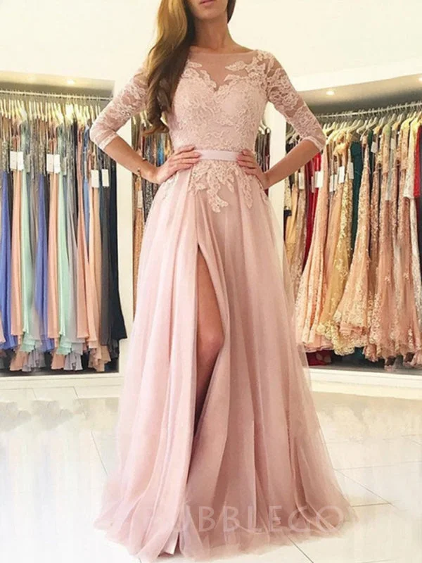 A-line Long Sleeves Pearl Pink Tulle Side Slit Long Lace Evening Prom Dresses, Cheap Custom Prom Dress, MR7698 A-line Long Sleeves Pearl Pink Tulle Side Slit Long Lace Evening Prom Dresses, Cheap Custom Prom Dress, MR7698