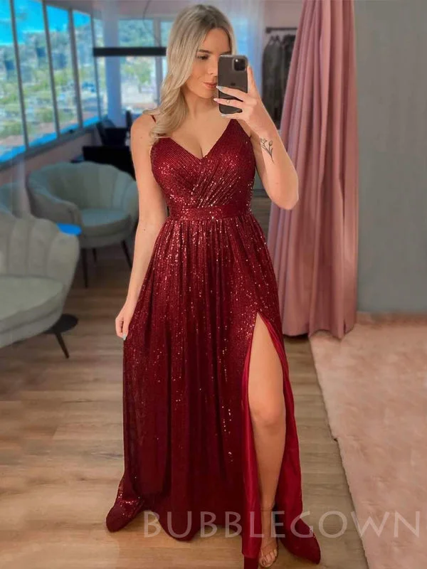 A-line Burgundy Sequin Spaghetti Straps Long Evening Prom Dresses, Cheap Custom Prom Dresses, MR7803 A-line Burgundy Sequin Spaghetti Straps Long Evening Prom Dresses, Cheap Custom Prom Dresses, MR7803