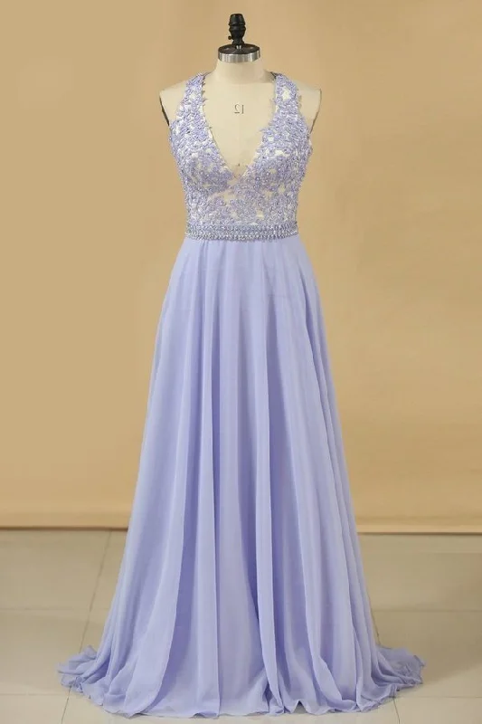2024 A Line V Neck Prom Dresses Chiffon With Applique PXCPFMFY