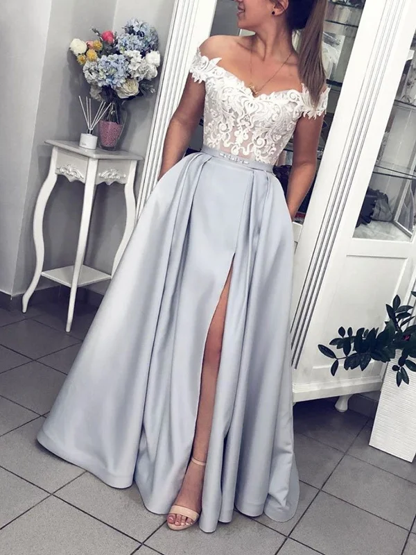 Off Shoulder Grey Lace Long Prom Dresses With Leg Slit, Off The Shoulder Gray Lace Formal Evening Dresses Off Shoulder Grey Lace Long Prom Dresses With Leg Slit, Off The Shoulder Gray Lace Formal Evening Dresses