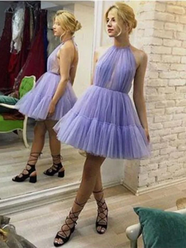 Halter Lavender A-Line Tulle Short Unique Prom Dresses, Halter Lavender Tulle Short Graduation Homecoming Dresses Halter Lavender A-Line Tulle Short Unique Prom Dresses, Halter Lavender Tulle Short Graduation Homecoming Dresses
