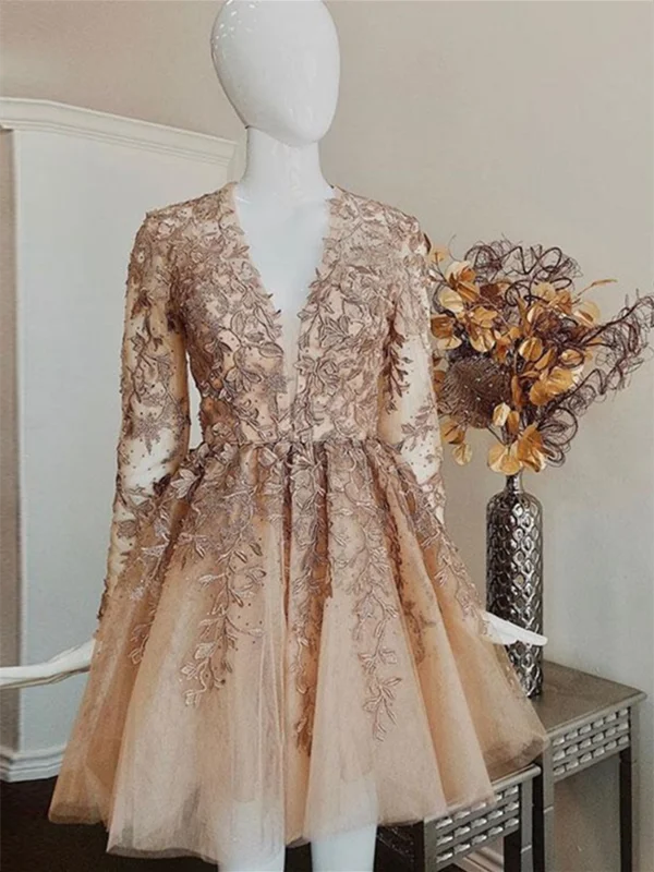 Champagne V Neck Long Sleeves Lace Short Prom Dresses, Long Sleeves Champagne Lace Homecoming Dresses, Champagne Lace Formal Graduation Evening Dresses Champagne V Neck Long Sleeves Lace Short Prom Dresses, Long Sleeves Champagne Lace Homecoming Dresses, Champagne Lace Formal Graduation Evening Dresses