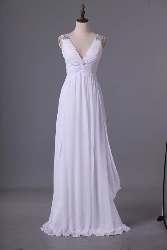 2024 Beautiful Prom Dresses A Line V Neck Floor Length Chiffon With Beaded PTK4QZNX