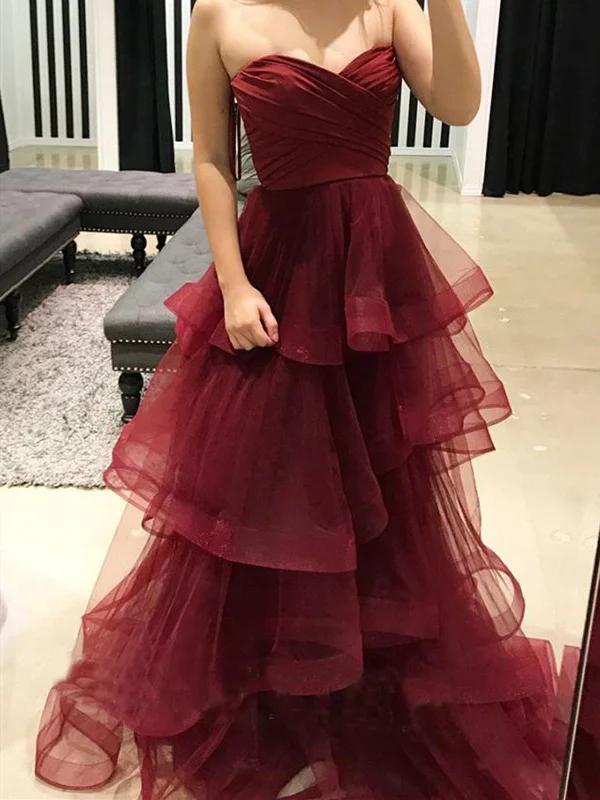 Burgundy Sweetheart Puffy Pleated Ruffles Long Prom Dresses,Burgundy Formal Evening Dresses Burgundy Sweetheart Puffy Pleated Ruffles Long Prom Dresses,Burgundy Formal Evening Dresses