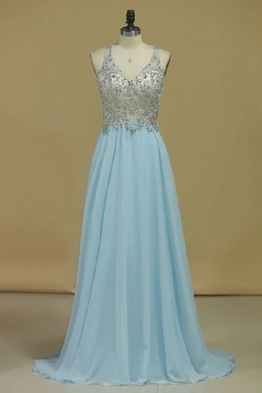 2024 Chiffon & Tulle V Neck Prom Dresses Beaded Bodice A PR7PZBST