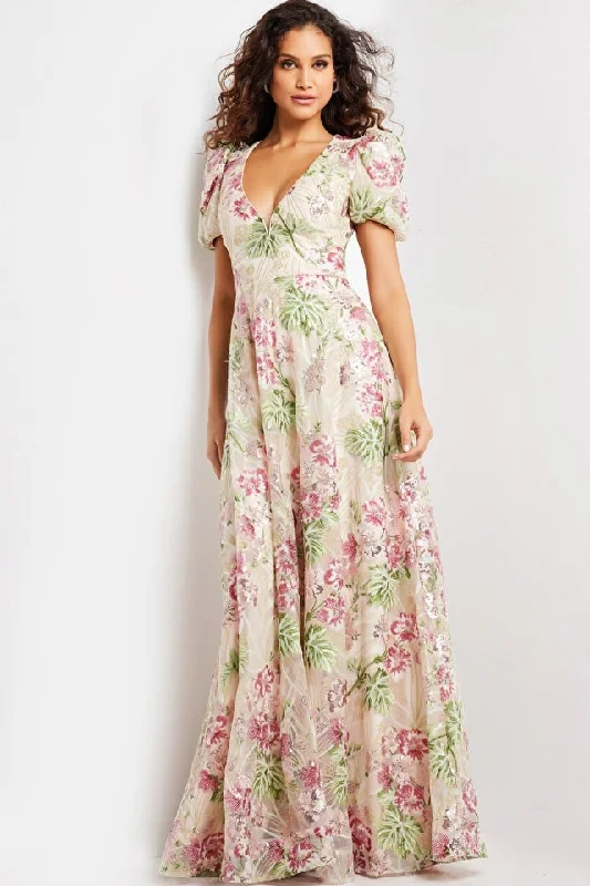 Jovani 37636 Multi Color Short Sleeve Floral Dress