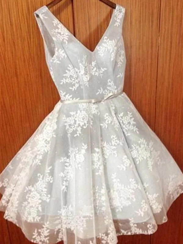 V Neck Grey Lace Short Prom Dress, V Neck Grey Lace Short Evening Dress, Homecoming Graduation Dress V Neck Grey Lace Short Prom Dress, V Neck Grey Lace Short Evening Dress, Homecoming Graduation Dress