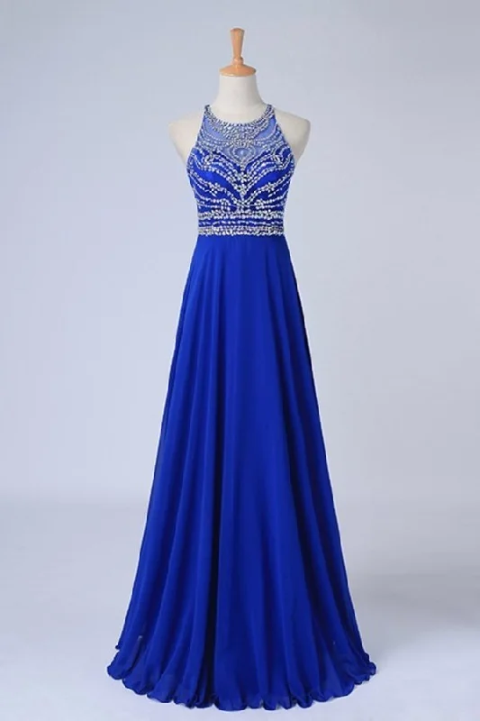2024 Halter A-Line/Princess Dark Royal Blue Prom Dresses Tulle And Chiffon Sweep P348MBJB 2024 Halter A-Line/Princess Dark Royal Blue Prom Dresses Tulle And Chiffon Sweep P348MBJB