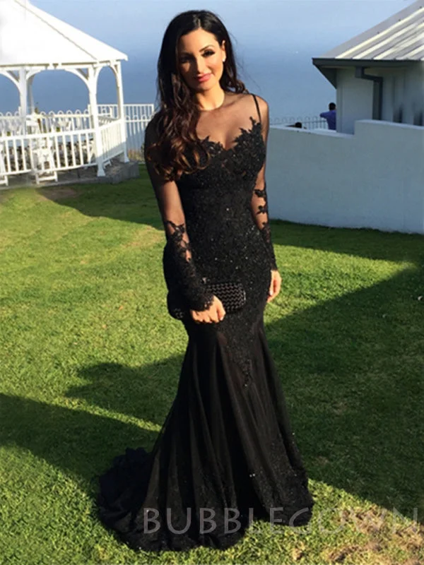 Black Tulle Appliques Mermaid Long Sleeves Beaded Lace Long Evening Prom Dresses, MR7707 Black Tulle Appliques Mermaid Long Sleeves Beaded Lace Long Evening Prom Dresses, MR7707