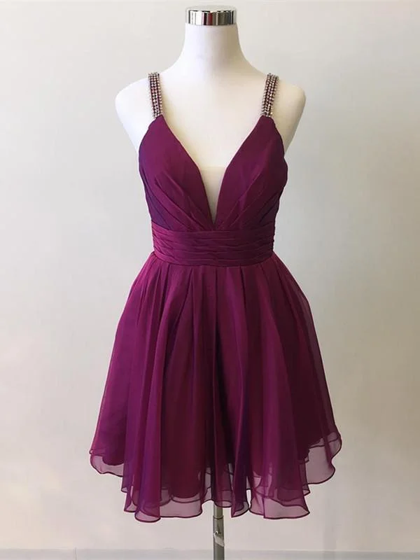 Simple Chiffon Spaghetti Straps Neckline A-line Cocktail Dresses CD033