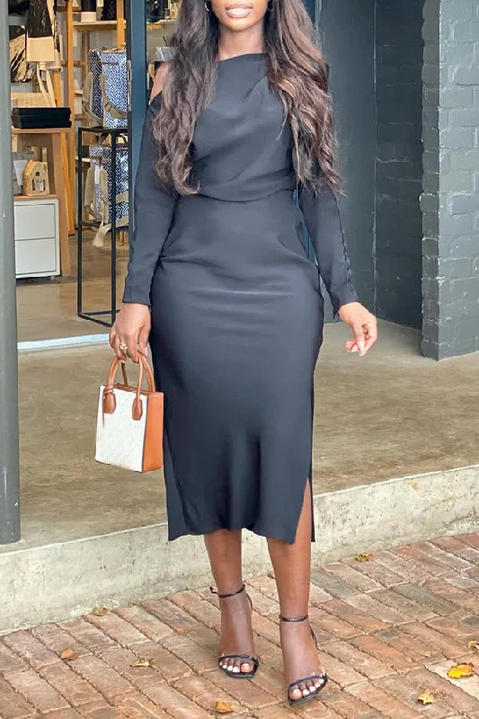 Elegant One Shoulder Solid Slit Dress