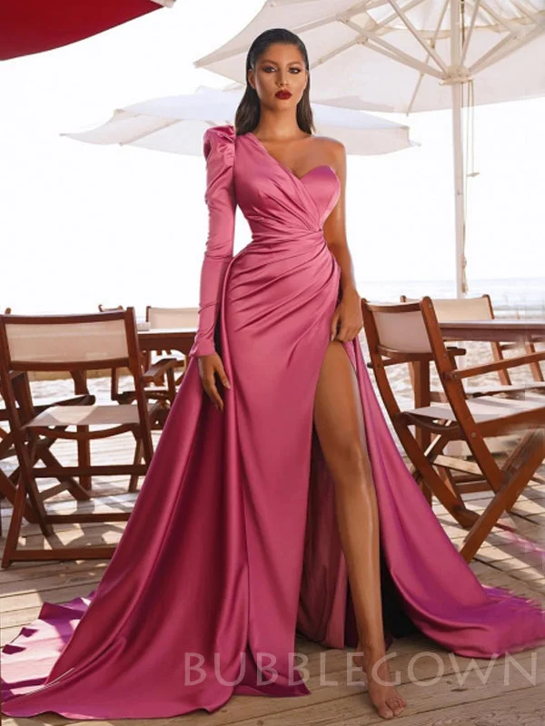 One Shoulder Satin Mermaid Side Slit Long Evening Prom Dresses, Cheap Custom prom dresses, MR7717 One Shoulder Satin Mermaid Side Slit Long Evening Prom Dresses, Cheap Custom prom dresses, MR7717