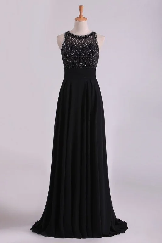 2024 Black Open Back Prom Dresses Scoop A Line Chiffon With PLB57RAJ