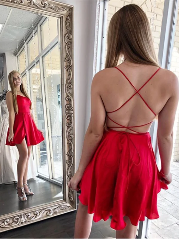A Line Spaghetti Straps Red Backless Short Prom Dresses, Red Criss Cross Back Short Homecoming Graduation Formal Dresses A Line Spaghetti Straps Red Backless Short Prom Dresses, Red Criss Cross Back Short Homecoming Graduation Formal Dresses