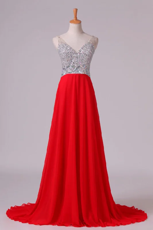 2024 Prom Dress V-Neck A-Line Beaded Tulle Bodice Sweep Train PZ2759R5