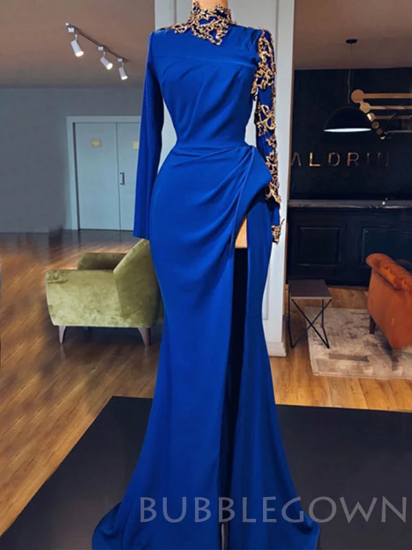 Long Sleeves Royal Blue satin Mermaid Long Evening Prom Dresses, Cheap Custom prom dresses, MR7737 Long Sleeves Royal Blue satin Mermaid Long Evening Prom Dresses, Cheap Custom prom dresses, MR7737