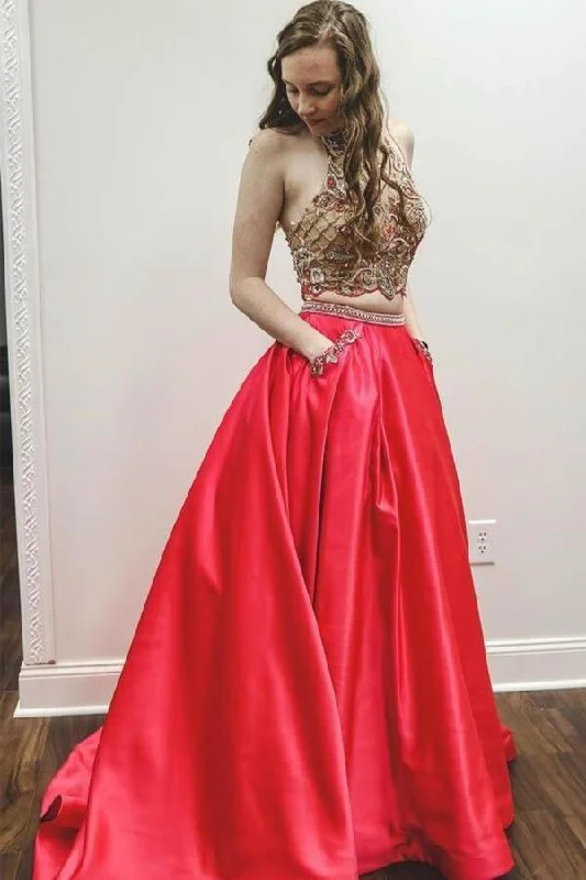 2024 Prom Dresses A-Line Halter Sweep Train PC75EAAM
