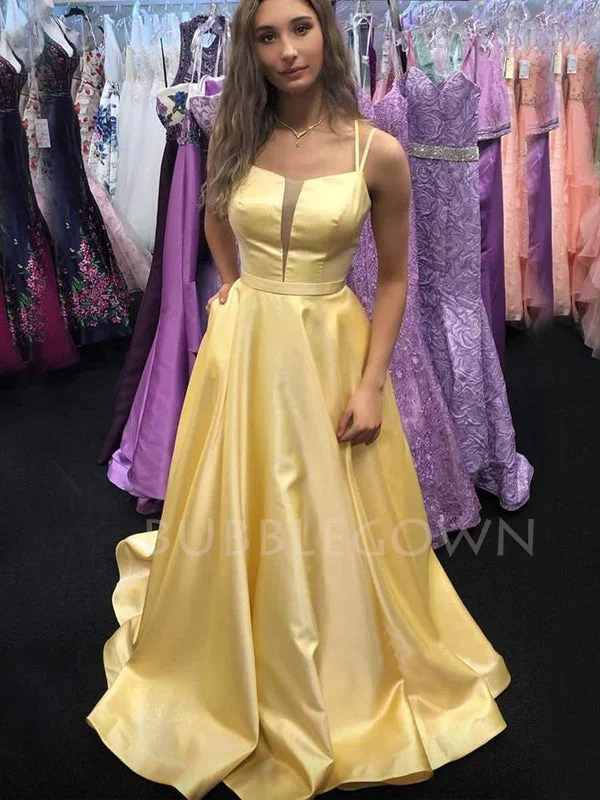 A-line Yellow Satin Spaghetti Straps V Neck Long Evening Prom Dresses, Cheap Custom prom dresses, MR7648 A-line Yellow Satin Spaghetti Straps V Neck Long Evening Prom Dresses, Cheap Custom prom dresses, MR7648