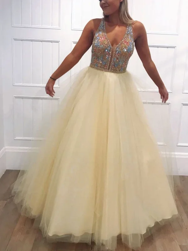 V Neck Yellow Tulle Beads Long Prom Dresses, V Neck Yellow Tulle Beads Long Formal Evening Dresses V Neck Yellow Tulle Beads Long Prom Dresses, V Neck Yellow Tulle Beads Long Formal Evening Dresses