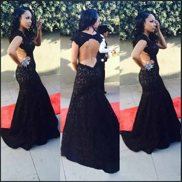 Sexy Open Back Cap Sleeve Black Lace Mermaid Charming Long Evening Prom Dress, WG205 Sexy Open Back Cap Sleeve Black Lace Mermaid Charming Long Evening Prom Dress, WG205