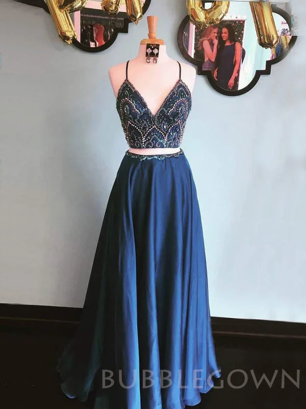 Two Pieces Navy Blue Satin Beaded Spaghetti Straps Long Evening Prom Dresses, Cheap Custom prom dresses, MR7684 Two Pieces Navy Blue Satin Beaded Spaghetti Straps Long Evening Prom Dresses, Cheap Custom prom dresses, MR7684