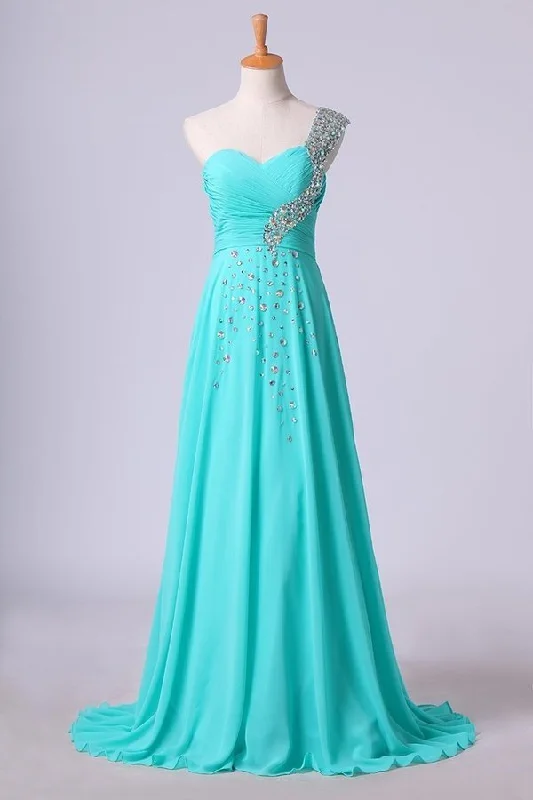 2024 Prom Dress One Shoulder Ruffled Bodice With Rhinestone Beaded P6GZ2YMY