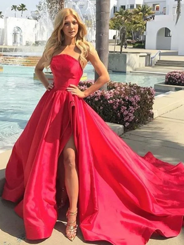 High Low Strapless Red Long Prom Gown, Strapless Red Long Prom Formal Evening Dresses High Low Strapless Red Long Prom Gown, Strapless Red Long Prom Formal Evening Dresses