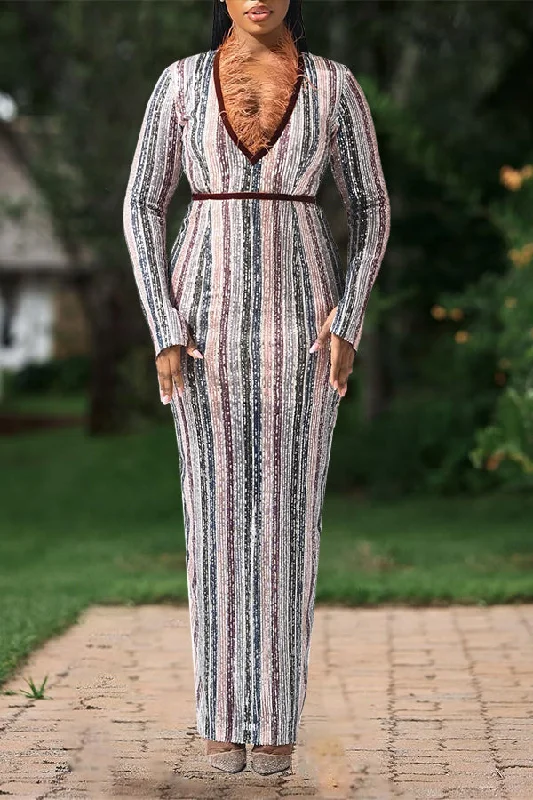 Elegant Striped Print Feather Panel Dress