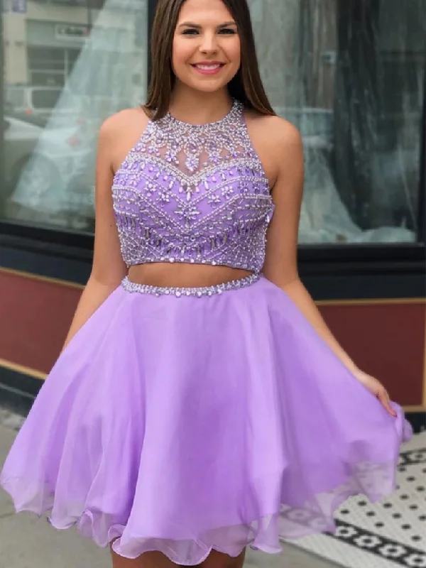 Round Neck Two Pieces Beaded Purple Short Prom Dresses, 2 Pieces Beaded Purple Formal Graduation Homecoming Evening Dresses Round Neck Two Pieces Beaded Purple Short Prom Dresses, 2 Pieces Beaded Purple Formal Graduation Homecoming Evening Dresses