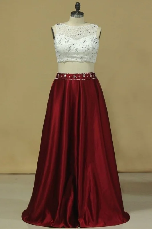2024 Prom Dresses A-Line Scoop Floor-Length Satin & Lace Open PAQEGEFR