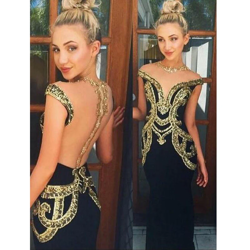 Black Unique See Through Back Gold Rhinestone Cap Sleeve Cheap Long Prom Dresses, WG276 Black Unique See Through Back Gold Rhinestone Cap Sleeve Cheap Long Prom Dresses, WG276