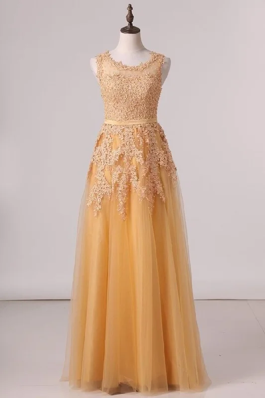 2024 Prom Dresses Scoop A Line Tulle With Applique Floor PZTK98PT