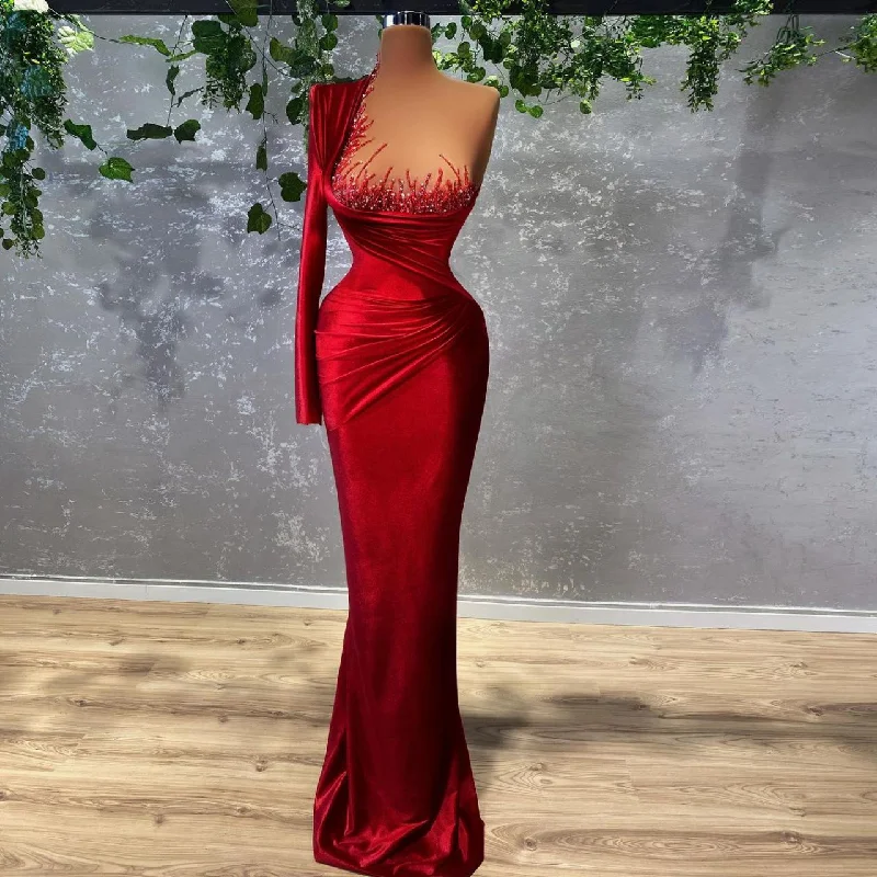 Modern Velvet One Shoulder Beaded Red Carpet Dresses Evening Gowns Women Mermaid Prom Dress Y1907 Modern Velvet One Shoulder Beaded Red Carpet Dresses Evening Gowns Women Mermaid Prom Dress Y1907
