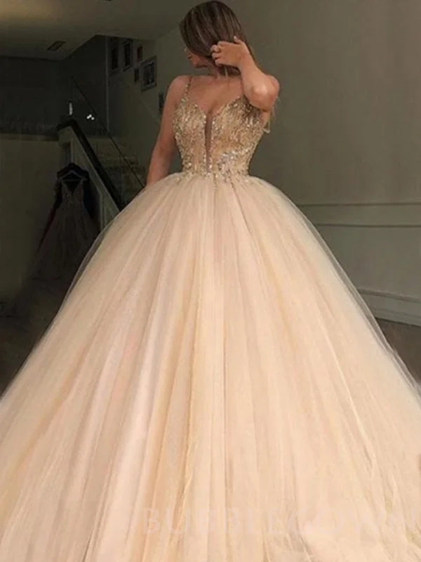 Deep V-neck Ball Gown Spaghetti Straps Tulle Beaded Long Evening Prom Dresses, Cheap Custom Prom Dresses, MR7743 Deep V-neck Ball Gown Spaghetti Straps Tulle Beaded Long Evening Prom Dresses, Cheap Custom Prom Dresses, MR7743