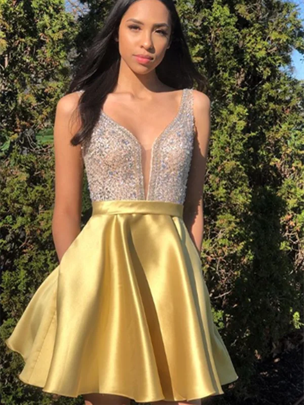 A Line Yellow Beaded Short Prom Dresses, Yellow Beaded Short Formal Evening Graduation Dresses A Line Yellow Beaded Short Prom Dresses, Yellow Beaded Short Formal Evening Graduation Dresses