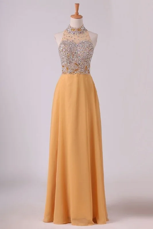 2024 High Neck A Line Chiffon Beaded Bodice Prom Dresses Sweep P5YJ9GK8