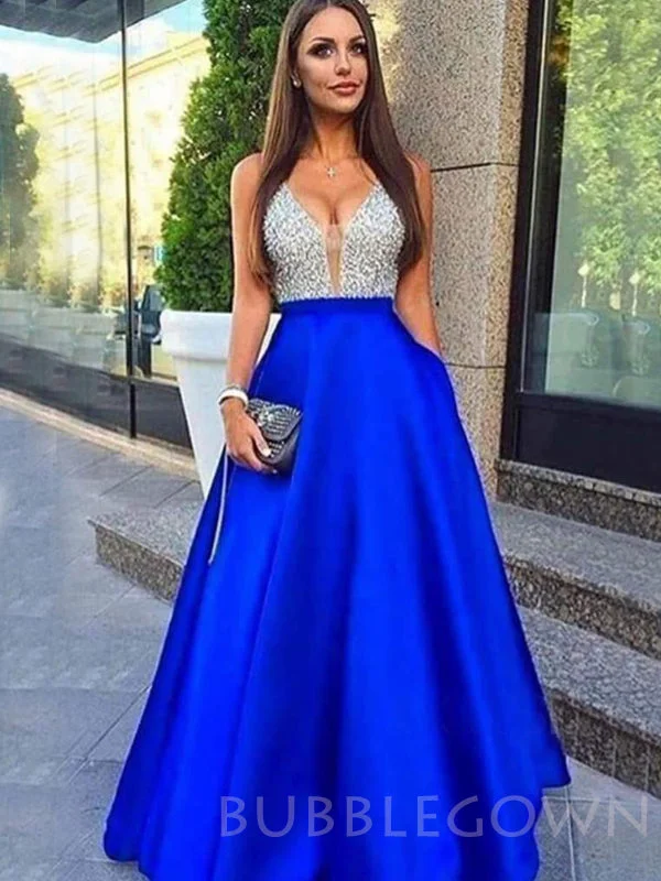 A-line Royal Blue Satin V Neck Beaded Long Evening Prom Dresses, Cheap Custom prom dresses, MR7692 A-line Royal Blue Satin V Neck Beaded Long Evening Prom Dresses, Cheap Custom prom dresses, MR7692