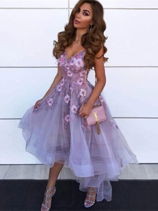 V Neck Lavender 3 D Flower High Low Tulle Long Evening Dresses, Purple 3 D Flower Long Prom Dresses V Neck Lavender 3 D Flower High Low Tulle Long Evening Dresses, Purple 3 D Flower Long Prom Dresses