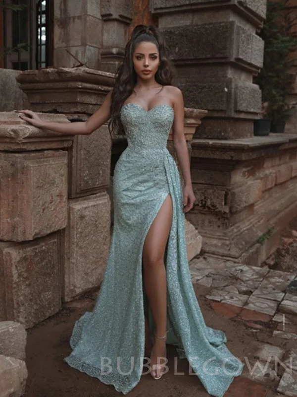 Mermaid Mint Green Sequin High Slit Long Strapless Evening Prom Dresses, Cheap Custom Prom Dresses, MR7699 Mermaid Mint Green Sequin High Slit Long Strapless Evening Prom Dresses, Cheap Custom Prom Dresses, MR7699