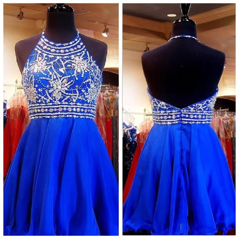 Beaded Royal Blue Short Halter Sweet 16 Cocktail Graduation Homecoming Dress, BG51414 Beaded Royal Blue Short Halter Sweet 16 Cocktail Graduation Homecoming Dress, BG51414