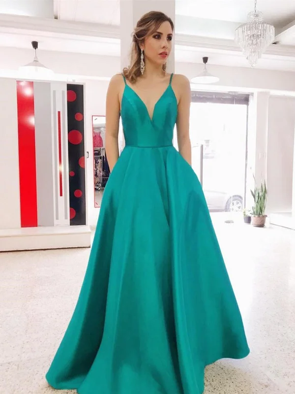 Simple V Neck Green Long Prom Dresses with Pockets, Green Backless Formal Evening Dresses Simple V Neck Green Long Prom Dresses with Pockets, Green Backless Formal Evening Dresses