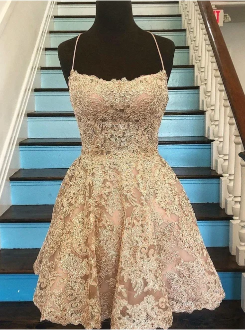 Champagne Backless Lace Short Prom Dresses, Short Lace Formal Graduation Homecoming Dresses Champagne Backless Lace Short Prom Dresses, Short Lace Formal Graduation Homecoming Dresses