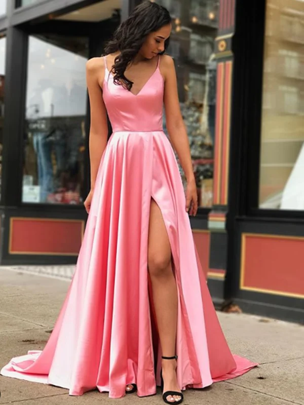 Simple V Neck Pink Satin Long Prom Dresses With Leg Slit, V Neck Pink Satin Long Formal Evening Dresses Simple V Neck Pink Satin Long Prom Dresses With Leg Slit, V Neck Pink Satin Long Formal Evening Dresses