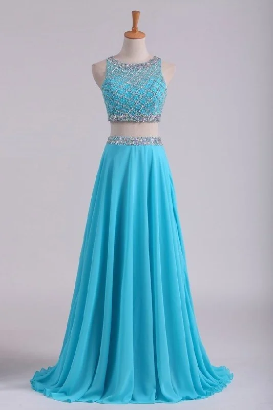 2024 Bateau Two Pieces Prom Dresses A Line Beaded Bodice Open Back Floor Length Chiffon & PSZPABKA 2024 Bateau Two Pieces Prom Dresses A Line Beaded Bodice Open Back Floor Length Chiffon & PSZPABKA