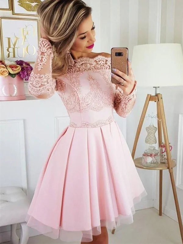 Cute Pink Tulle Lace Short Prom Dress, Pink Tulle Lace Long Sleeves Short Homecoming Dress Cute Pink Tulle Lace Short Prom Dress, Pink Tulle Lace Long Sleeves Short Homecoming Dress