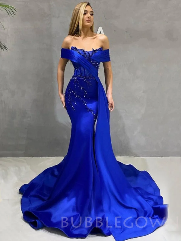 Off Shoulder Blue Satin Mermaid Beaded Long Evening Prom Dresses, Cheap Custom prom dresses, MR7716 Off Shoulder Blue Satin Mermaid Beaded Long Evening Prom Dresses, Cheap Custom prom dresses, MR7716